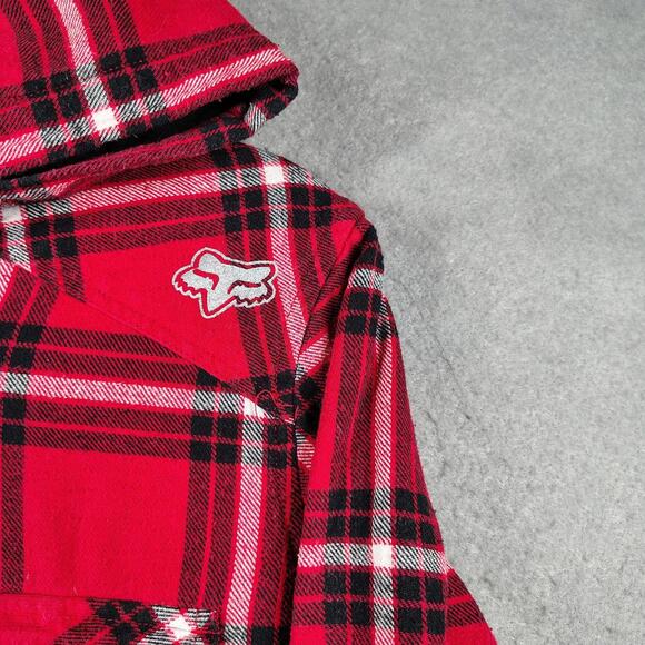 Fox Racing Women’s Large Hooded Flannel Red Plaid Button Shirt Moto Streetwear - Picture 9 of 10